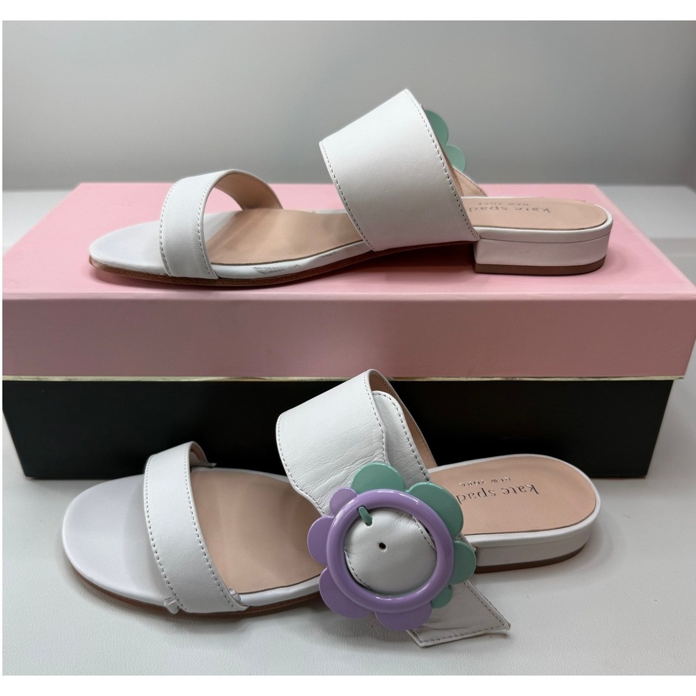 Kate Spade Fabi White Nappa Leather Floral Buckle Slide Sandals 6.5M S170787